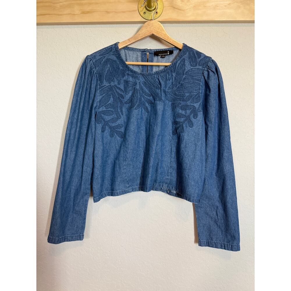 Women's Broadway Denim Blue Jean Crop Embroidered‎ Long Sleeve Blouse Size L